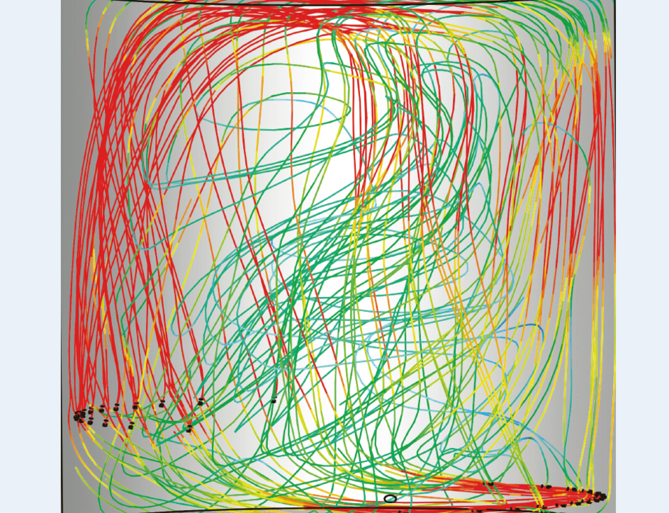 Optimisation of the flow in a cylindrical storage tank for edible oil by three-dimensional computer simulation Vertical section; distribution in terms of space of the flow velocity shown on a colour grid